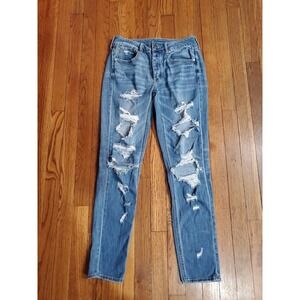 American Eagle Tomgirl Distressed Shredded Med Wash Jeans Womens 2 Button Fly